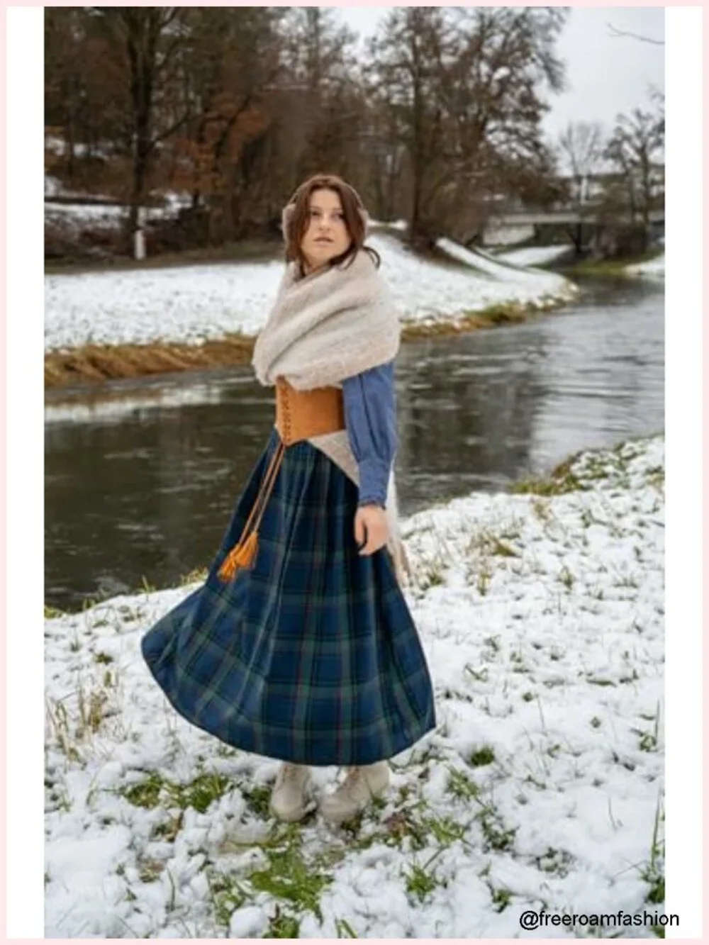 High Waist A-Line Plaid Maxi Skirt with Pockets, Two Ways Wear, Cotton Blend,